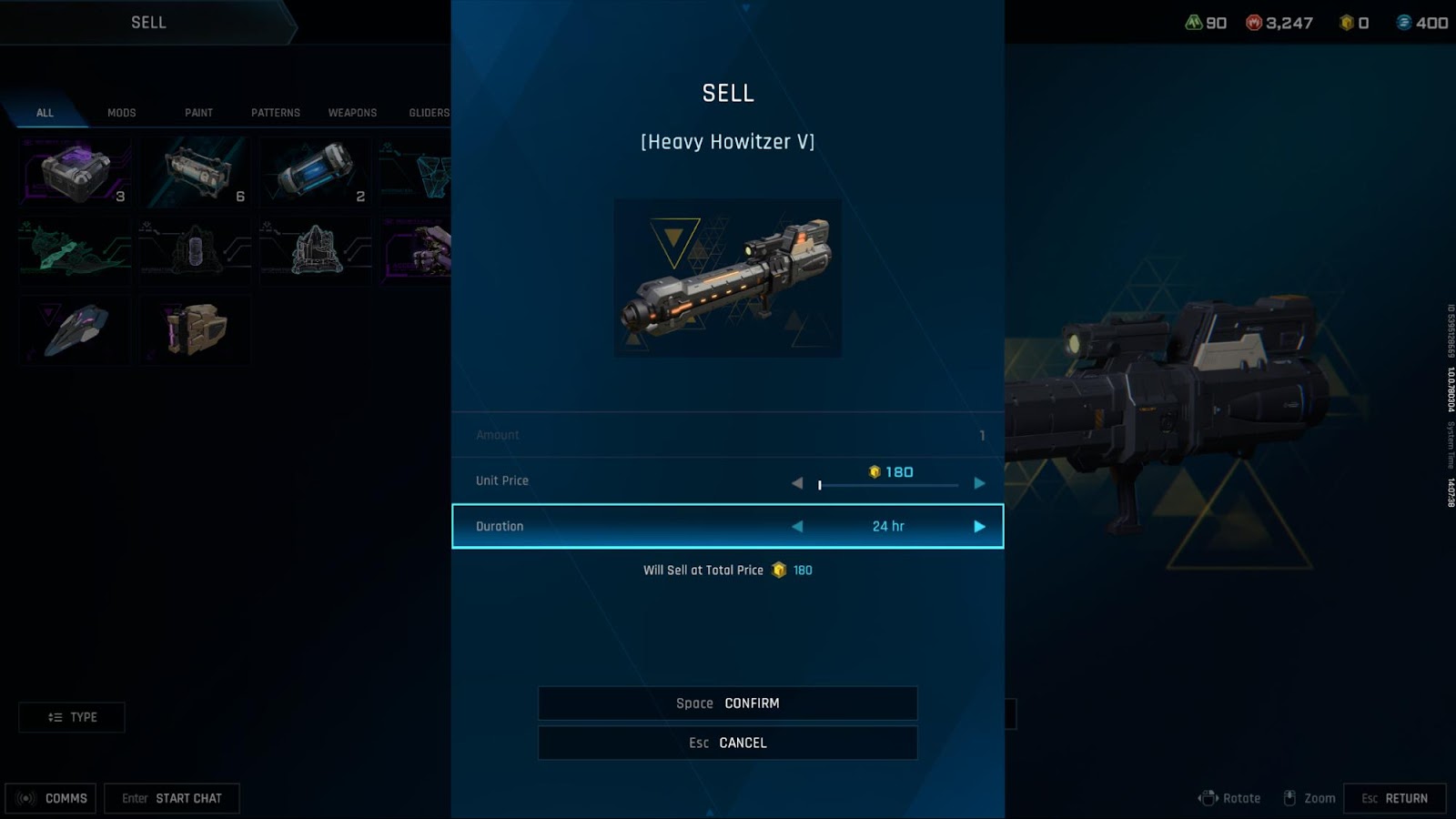 Mecha Break Corite: tela de venda de uma Heavy Howitzer V mostrando o valor em Corite.