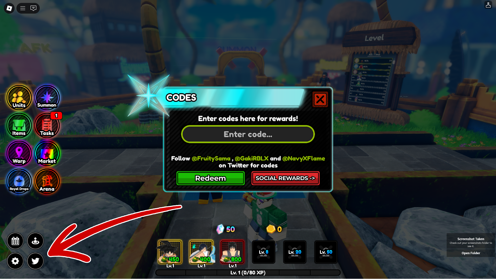 Interface para resgate de códigos em All Star Tower Defense X