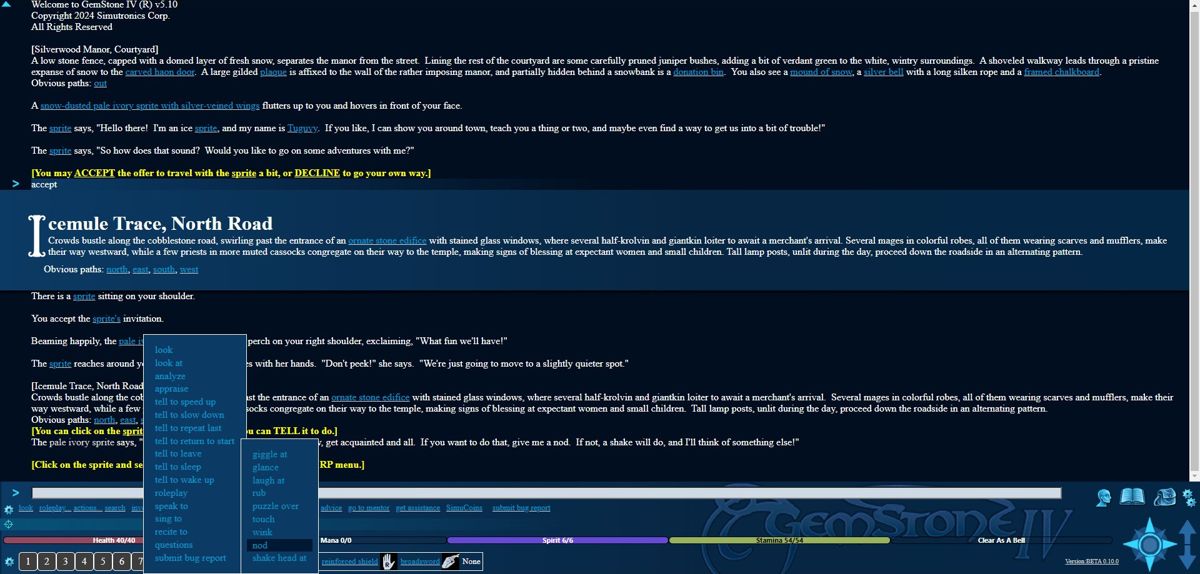 Interface do MUD GemStone IV com menus e comandos em texto. (Crédito: Simutronics / MobyGames)
