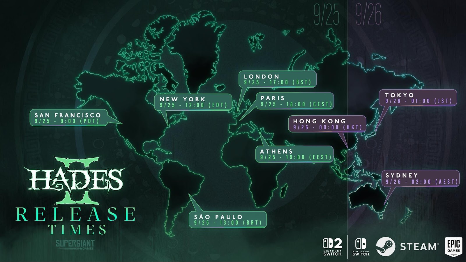 Hades 2 global release times. Image credit: Supergiant Games.