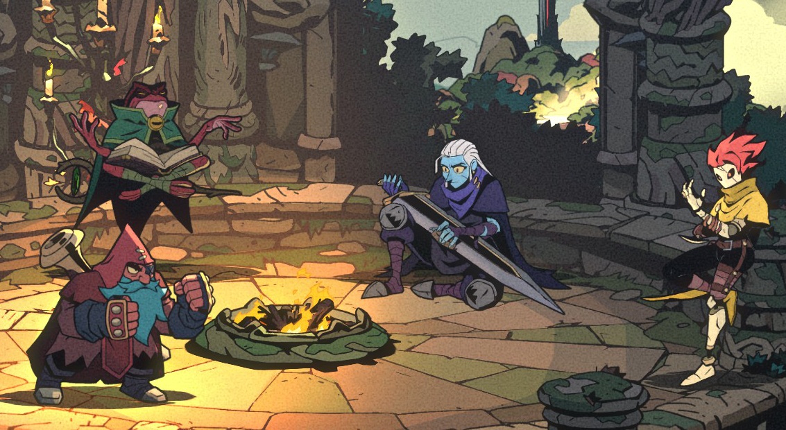 Personagens de Absolum reunidos em acampamento