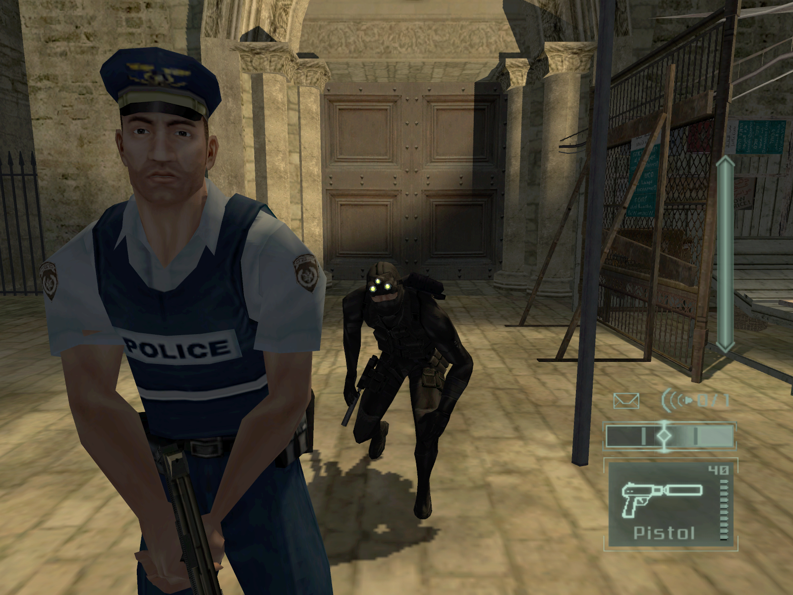 Sam Fisher sneaks up on a cop.