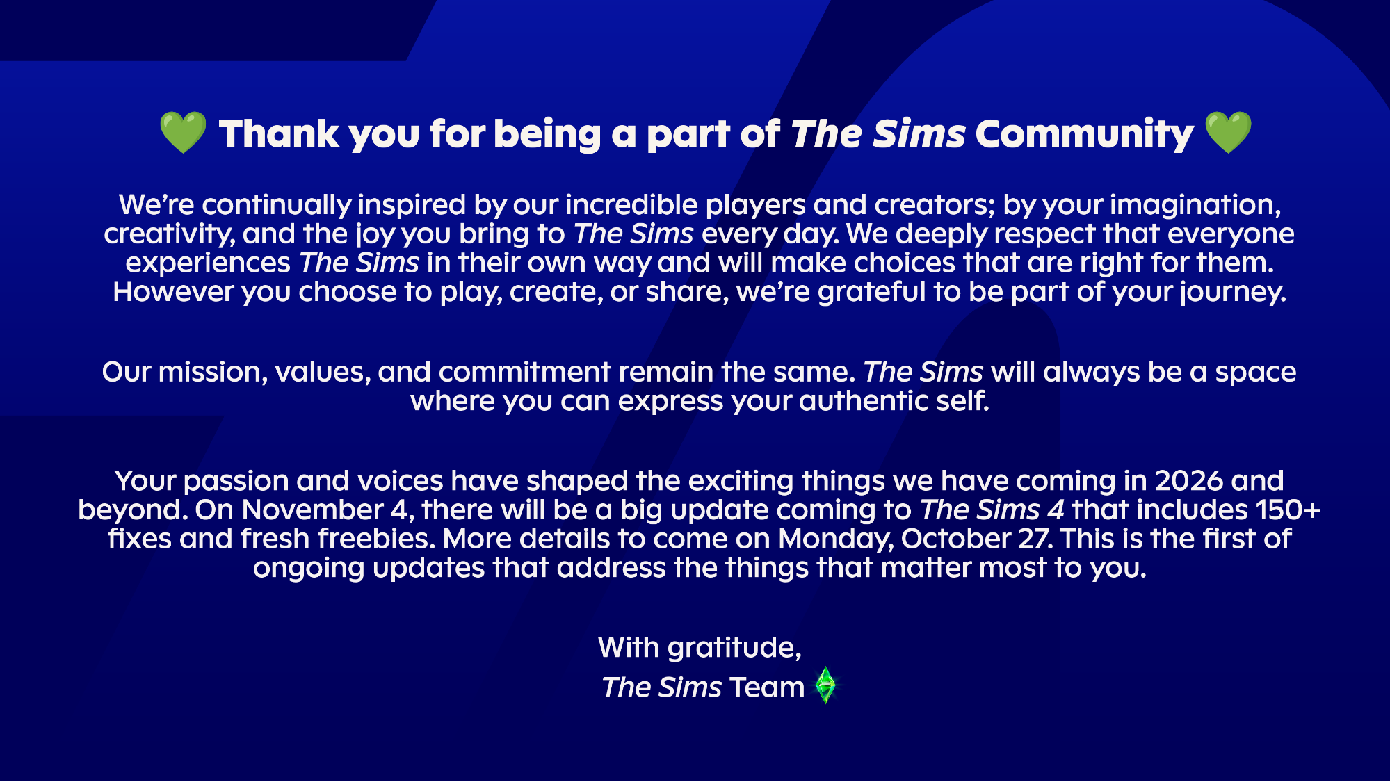 Comunicado da equipe de The Sims à comunidade