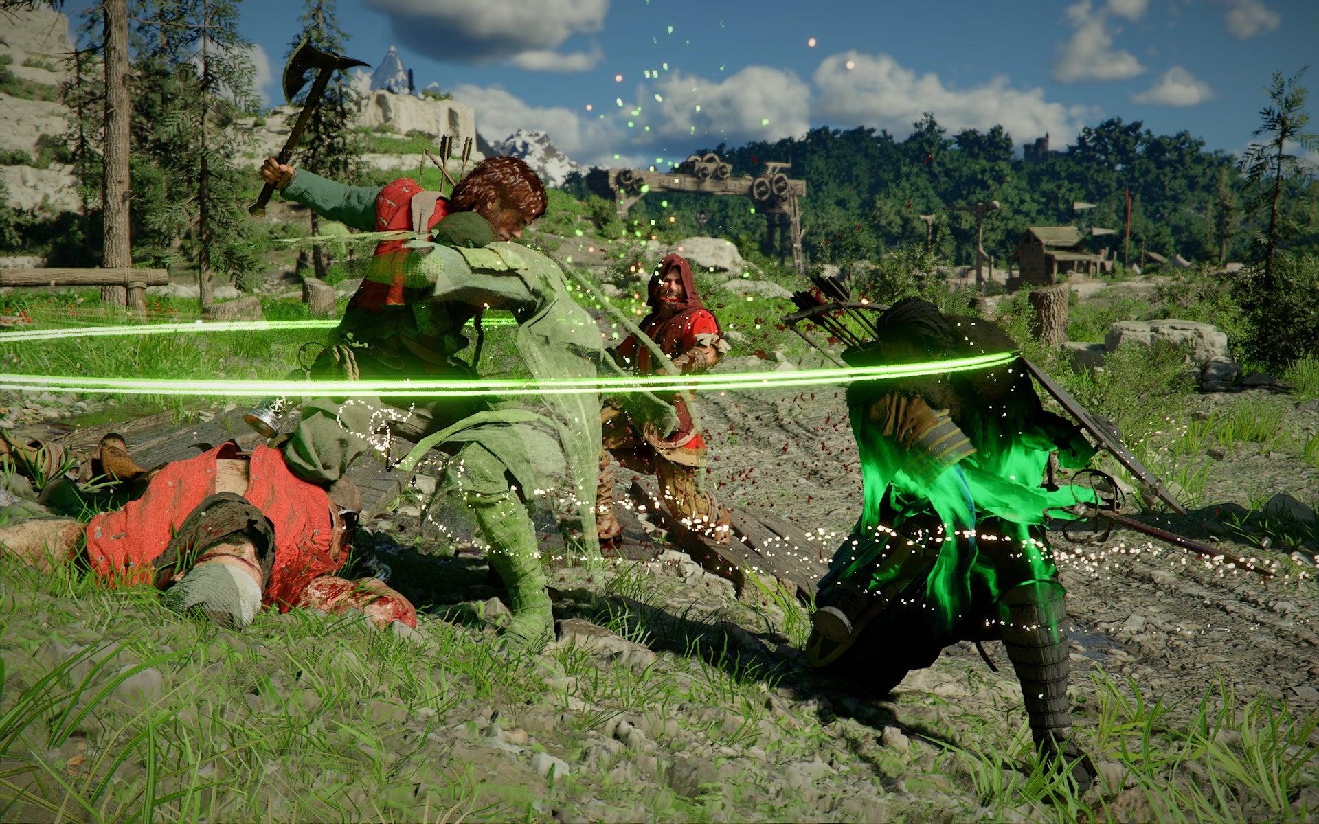 Crimson Desert protagonista Kliff usando ataques contra um bandido.