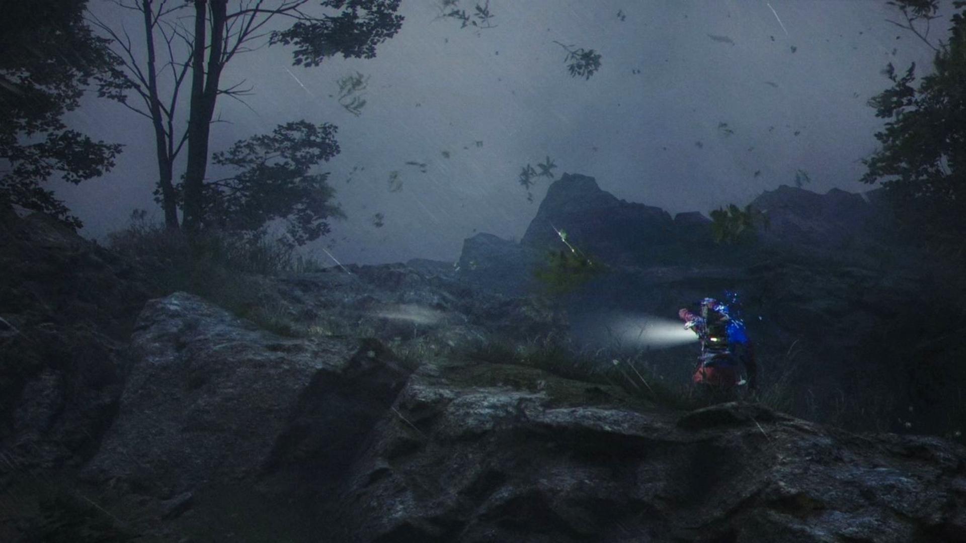 Arc Raiders quests: A player walking up a hill during a hurricane, with leaves flying at them.